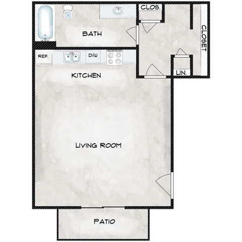 Floor plan for studio, 1 bath, 490 sqft
